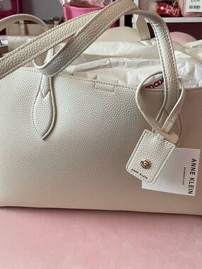 Anne Klein Pebbled Cream Tote with Gold Accents